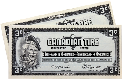 S4-A-AN 1974 Canadian Tire Coupon 3 Cents Almost Uncirculated (2 in Sequence)