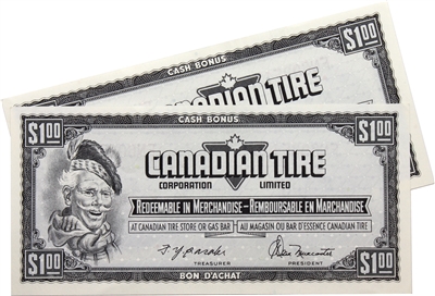 S4-F-FN 1974 Canadian Tire Coupon $1.00 Almost Uncirculated (Holes) 2 Notes