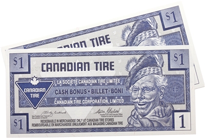 S20-Fa-10 Replacement 1996 Canadian Tire Coupon $1.00 Uncirculated (2 in Sequence)