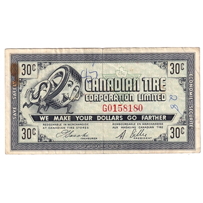 G6-F-G2 1968 Canadian Tire Coupon 30 Cents Very Fine (Ink and Stains)