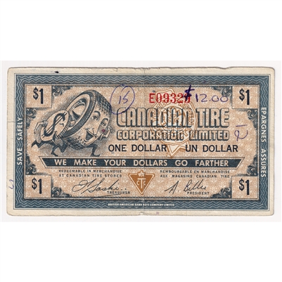 G1-E-E 1958 Canadian Tire Coupon $1.00 Very Fine (Ink Tear and Holes)