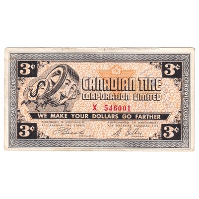 G2-C-X 1962 Canadian Tire Coupon 3 Cents Very Fine (Ink and Tears)