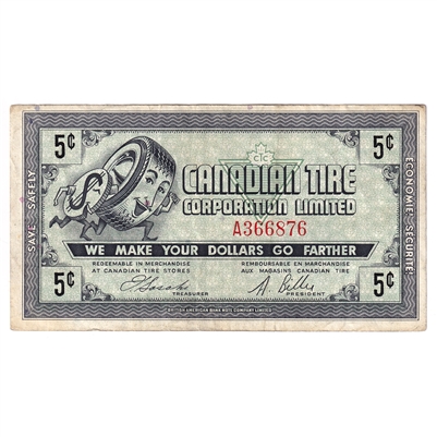 G5-A-A 1964 Canadian Tire Coupon 5 Cents Very Fine (Ink)