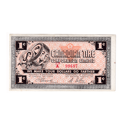 G2-A-A1 1962 Canadian Tire Coupon 1 Cent Almost Uncirculated (Barred A)
