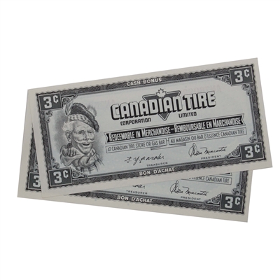 S4-A-AN 1974 Canadian Tire Coupon 3 Cents Uncirculated (2 in Sequence)