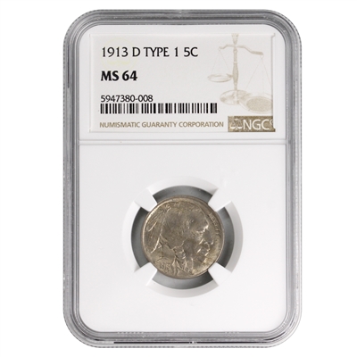 1913 D Type 1 USA Nickel NGC Certified MS-64