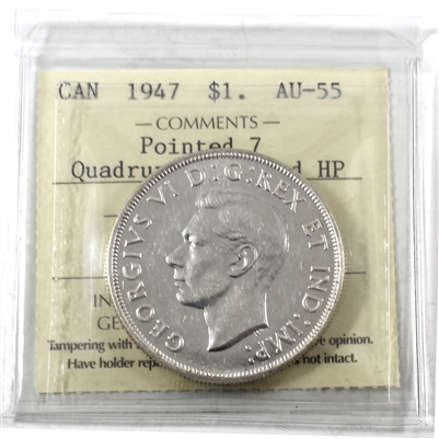 1947 Pointed 7; Quadruple Punched HP Canada Dollar ICCS Certified AU-55