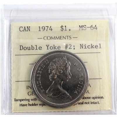 1974 Double Yoke #2 Canada Nickel Dollar ICCS Certified MS-64