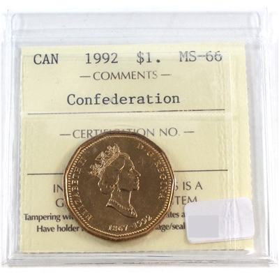 1992 Canada Confederation Dollar ICCS Certified MS-66