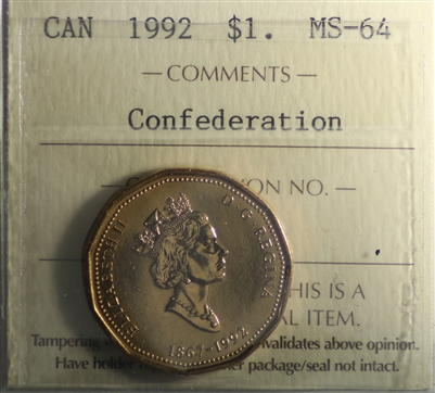 1992 Canada Confederation Loon Dollar ICCS Certified MS-64