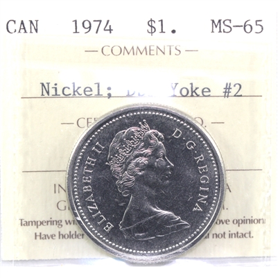 1974 Double Yoke #2 Canada Nickel Dollar ICCS Certified MS-65