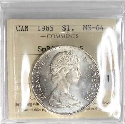 1965 Small Beads Ptd. 5 (Type 1) Canada Dollar ICCS Certified MS-64