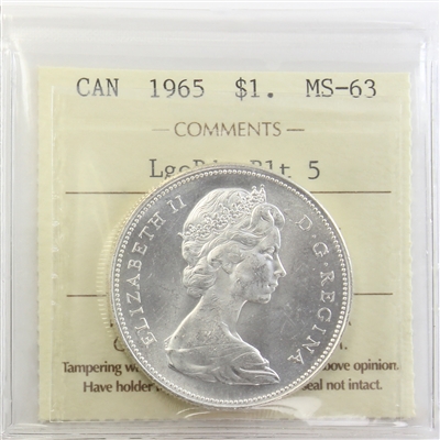 1965 Large Beads Blunt 5 (Type 3) Canada Dollar ICCS Certified MS-63