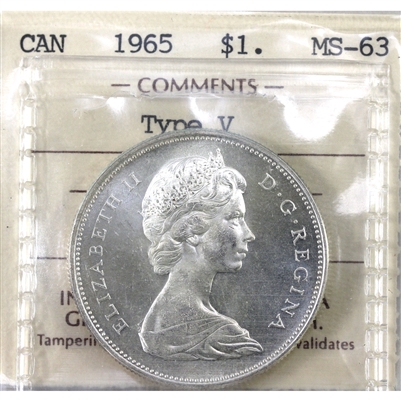 1965 Medium Beads Ptd. 5 (Type V) Canada Dollar ICCS Certified MS-63