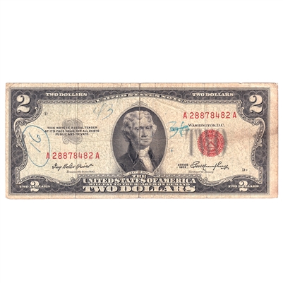 1953 USA $2 Note, Various Series, Circulated (Tears, writing, or impaired)