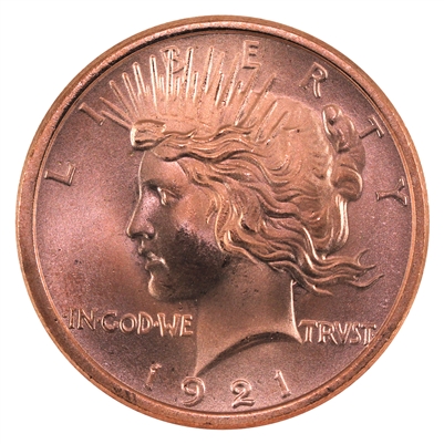 1921 Peace Dollar Portrait 1oz .999 Fine Copper  Toned, scratched, or impaired