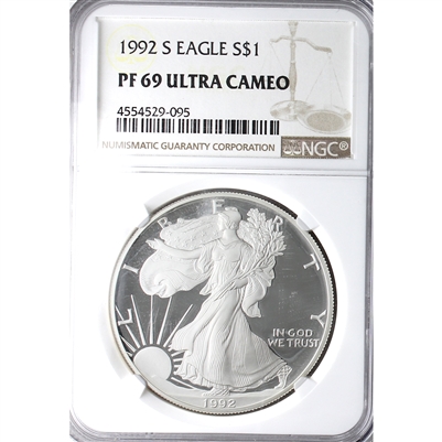 1992 S USA $1 Eagle Proof 1oz. Fine Silver NGC Certified PF-69 Ultra Cameo (No Tax)