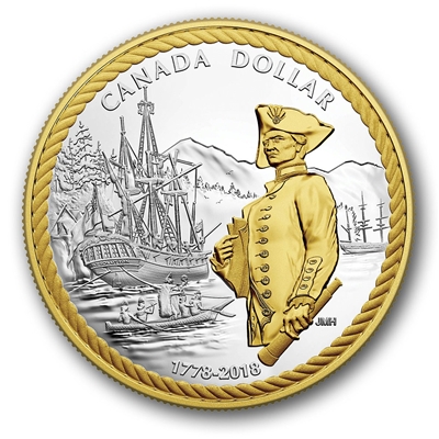 2018 Canada Captain Cook Gold Plated Proof Silver Dollar in square capsule (No Tax)