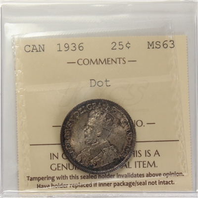 1936 Dot Canada 25-cents ICCS Certified MS-63