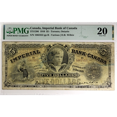375-12-06 1910 Imperial Bank of Canada $5 Various-Wilkie, PMG Cert. VF-20 (Annotation)