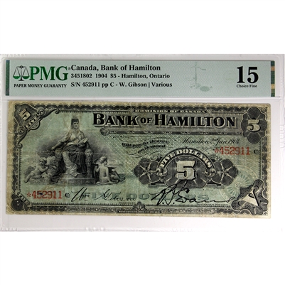 345-18-02 1904 Bank of Hamilton $5 Gibson-Various, PMG Certified F-15