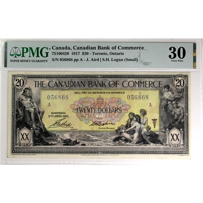 75-16-04-20 1917 Canadian Bank of Commerce $20 Aird-Logan, Small, PMG Certified VF-30