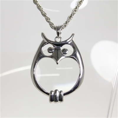 Lady's Silver Tone Owl Magnifier Necklace - 29"
