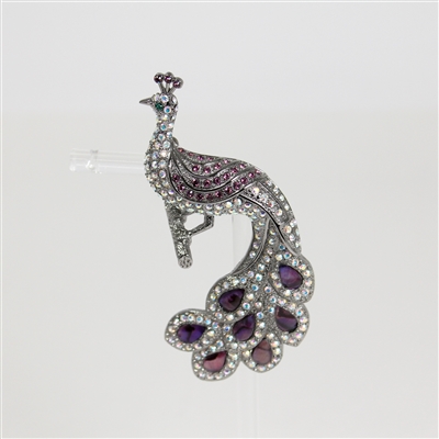 Lady's Silver Tone Purple & Clear Peacock Brooch