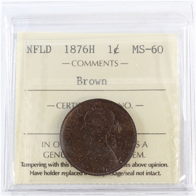 1876H Newfoundland 1-cent ICCS Certified MS-60 Brown