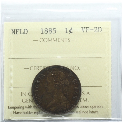 1885 Newfoundland 1-cent ICCS Certified VF-20