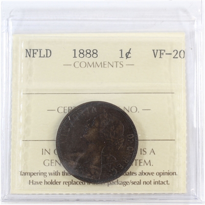 1888 Newfoundland 1-cent ICCS Certified VF-20