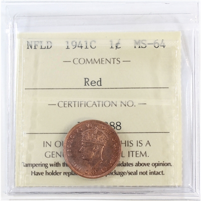 1941C Newfoundland 1-cent ICCS Certified MS-64 Red