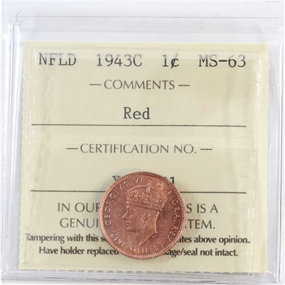 1943C Newfoundland 1-cent ICCS Certified MS-63 Red