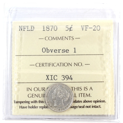 1870 Newfoundland 5-cents ICCS Certified VF-20 Obverse 1