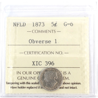 1873 Newfoundland 5-cents ICCS Certified G-6 Obverse 1