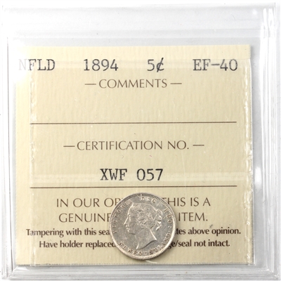 1894 Newfoundland 5-cents ICCS Certified EF-40