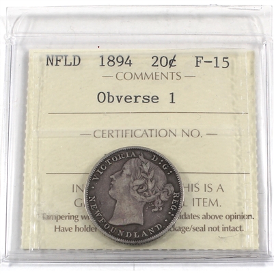 1894 Obv. 1 Newfoundland 20-cents ICCS Certified F-15