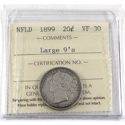 1899 Large 9's Newfoundland 20-cents ICCS Certified VF-30