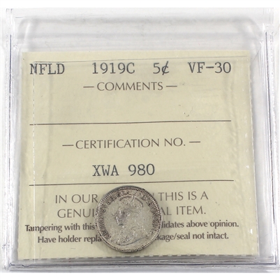 1919C Newfoundland 5-cents ICCS Certified VF-30