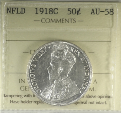 1918C Newfoundland 50-cent ICCS Certified AU-58