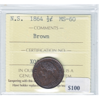 1864 Nova Scotia 1/2 cent ICCS Certified MS-60 Brown