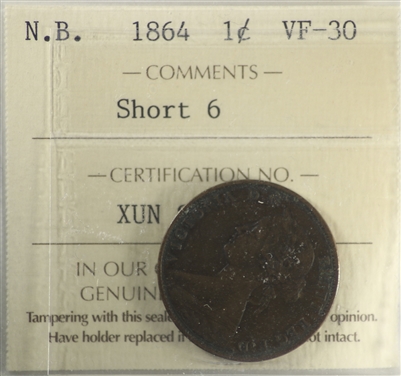1864 Short 6 New Brunswick 1-cent ICCS Certified VF-30
