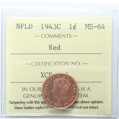 1943C Newfoundland 1-cent ICCSCertified MS-64 Red (XCE 838)