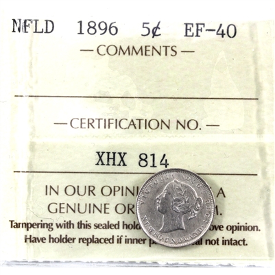 1896 Newfoundland 5-cents ICCS Certified EF-40