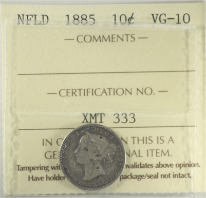 1885 Newfoundland 10-cents ICCS Certified VG-10