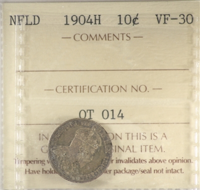 1904H Newfoundland 10-cents ICCS Certified VF-30
