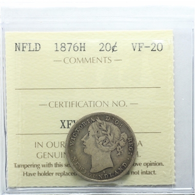 1876H Newfoundland 20-cents ICCS Certified VF-20