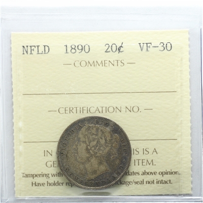 1890 Newfoundland 20-cents ICCS Certified VF-30