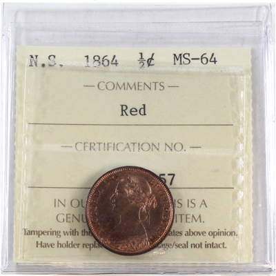 1864 Nova Scotia 1/2 Cent ICCS Certified MS-64 Red (XCP 057)