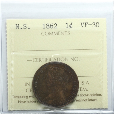 1862 Nova Scotia 1-cent ICCS Certified VF-30
